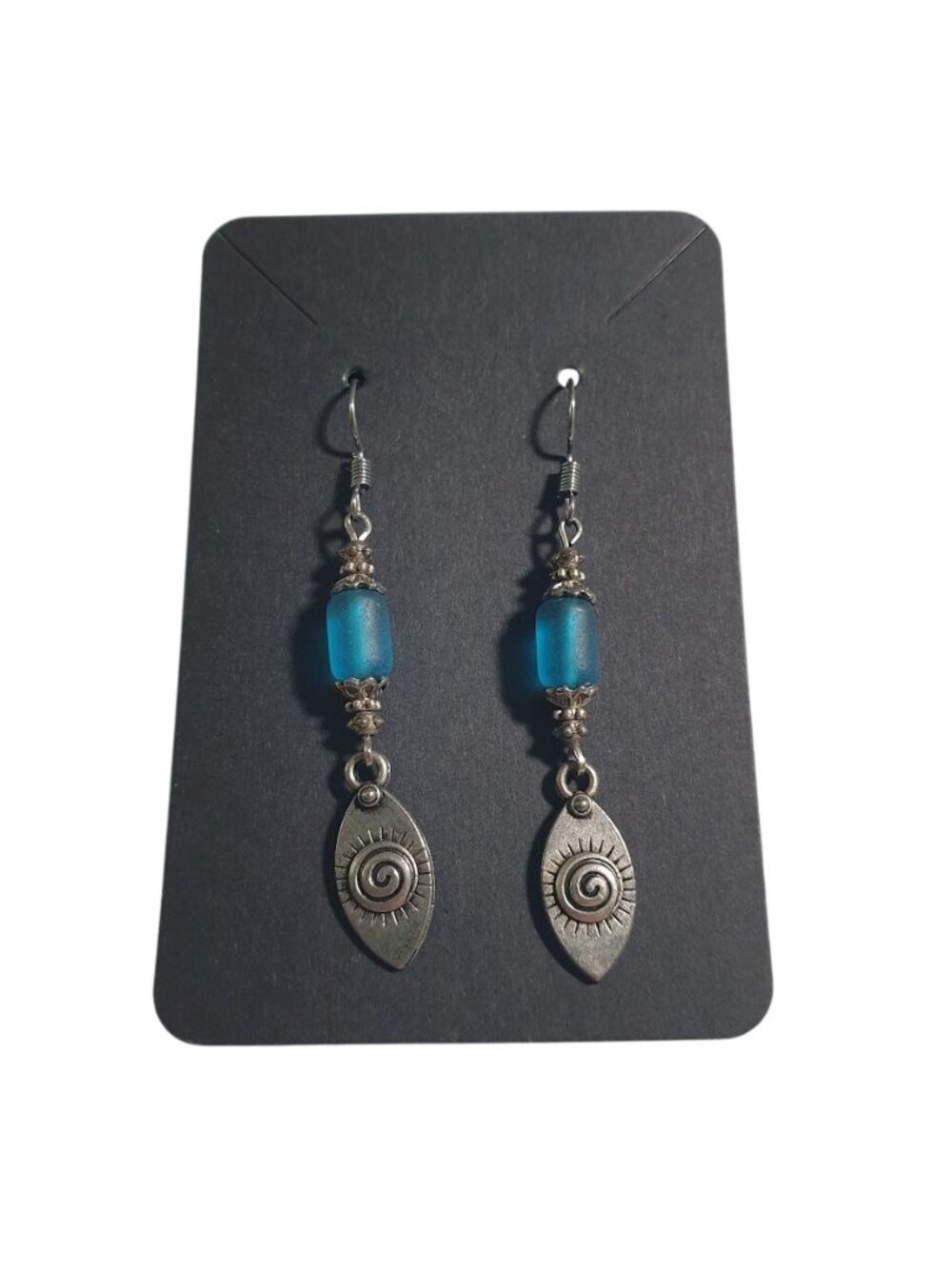 Blue Bead Silver Tone Dangling Earrings Bohemian Spiral Sun Charm Hook Back Gift